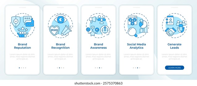 Brand reputation tracking blue onboarding mobile app screen. Walkthrough 5 steps editable graphic instructions with linear concepts. UI, UX, GUI template