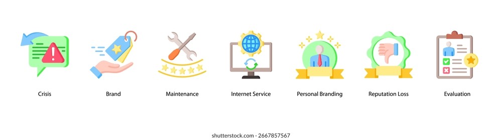 Ilustração vetorial do ícone do banner da Web de Risco e Resposta da Marca apresentando Crise, Marca, Manutenção, Serviço de Internet, Marca Pessoal, Perda de Reputação e Avaliação.