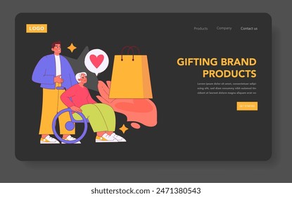 Brand Ritual concept. A caring person gifts a branded product to a senior in a wheelchair, evoking emotions of love and appreciation. Vector illustration.