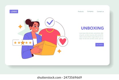 Brand Ritual concept. A cheerful customer engages in unboxing, revealing satisfaction with a five-star review. Online shopping, product satisfaction, customer feedback. Vector illustration.