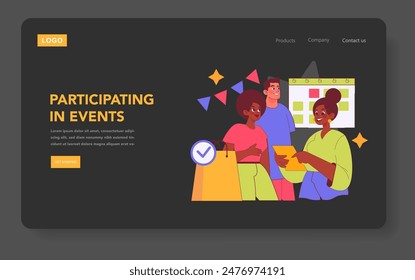 Brand Ritual concept. A cheerful group engages in a corporate event, symbolizing team building and participation. Webpage design with vibrant elements. Vector illustration.