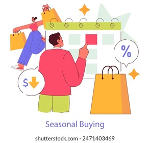 Brand Ritual concept. Consumers engaging in seasonal shopping sprees. Calendar marked with sale dates, shoppers carrying bags, discount symbols. Vector illustration.