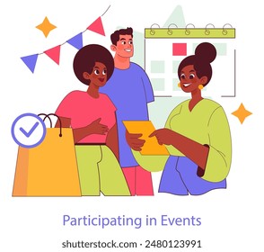 Brand Ritual concept. Consumers with loyalty cards enjoy a store event. Gathering points, attending brand ceremonies, and customer rewards. Vector illustration.