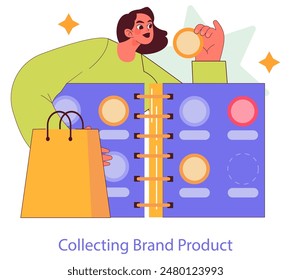 Brand Ritual concept. A delighted shopper adds a new item to her vibrant collection, embodying loyalty and satisfaction. Consumer passion for branded goods. Vector illustration.