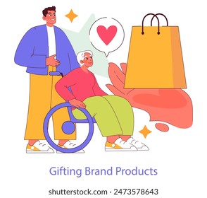 Brand Ritual concept. Illustration of a man presenting a branded gift to a happy elderly woman in a wheelchair. Affectionate gifting moment captured with vibrant colors and warm emotions. Vector