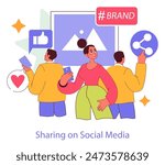 Brand Ritual concept. Illustration of people engaging with a brand through social media interactions and content sharing. Community and digital engagement. Vector illustration.