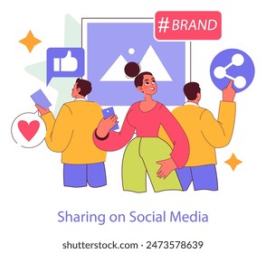 Brand Ritual concept. Illustration of people engaging with a brand through social media interactions and content sharing. Community and digital engagement. Vector illustration.