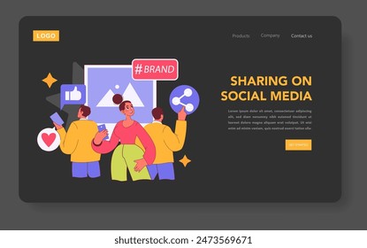 Brand ritual concept. Illustration showing people engaging with a social media post, highlighting brand interaction. Sharing, liking, and community connection. Vector illustration.