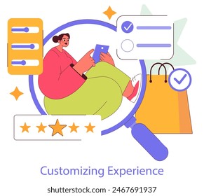 Brand Ritual concept. A person engages with a digital interface to enhance the shopping experience, reflecting customer personalization. Vector illustration.