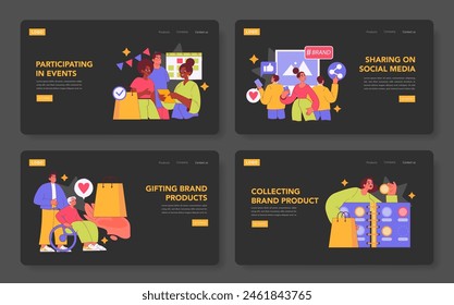 Brand Ritual set. Customer engagement through events, social sharing, gifts, and collections. Illustrates loyalty and interaction. Vector illustration.