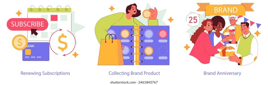 Brand Ritual set. Customer loyalty with subscription renewal, product collection, and brand anniversary celebration. Engaging consumer journey. Vector illustration.