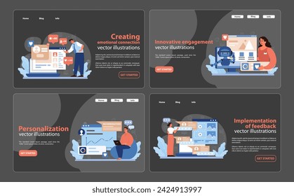 Brand Rituals Web Graphics Set. Illustrations depict the creation of emotional connections, pioneering customer engagement, and personalization, along with feedback integration. Flat vector.