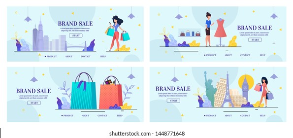 Brand Sale Landing Page Set for Woman Shopping via Internet. World Promoting Company Credibility. Cosmetics, Perfumery and Fashion Clothes Online Order. Vector Illustration in Flat Cartoon Design