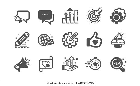 Brand social project icons. Business strategy, Megaphone and Representative. Influence campaign, social media marketing, brand ambassador icons. Classic set. Quality set. Vector