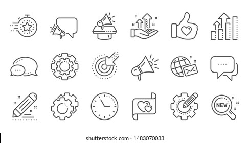 Brand Social Project Line Icons. Business Strategy, Megaphone And Representative. Influence Campaign, Social Media Marketing, Brand Ambassador Icons. Linear Set. Quality Line Set. Vector