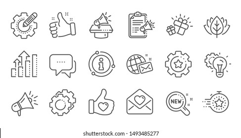 Brand social project line icons. Business strategy, Megaphone and Representative. Influence campaign, social media marketing, brand ambassador icons. Linear set. Quality line set. Vector