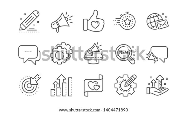 Brand social project
line icons. Business strategy, Megaphone and Representative.
Influence campaign, social media marketing, brand ambassador icons.
Linear set. Vector