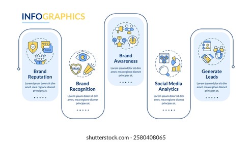 Brand social reputation tracking rectangle infographic vector. Business, marketing. Data visualization with 5 steps. Editable rectangular options chart