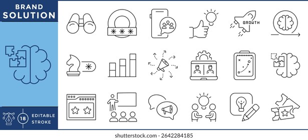 Brand solution icons set. 18 line icons. Vector editable stroke. Brand, value, search, strategy.