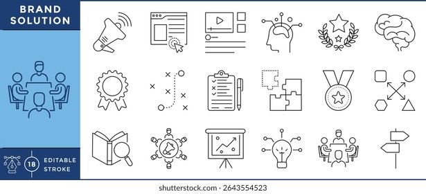 Brand Solution icons set. 18 line icons. Vector editable stroke. Branding, strategy, medal.