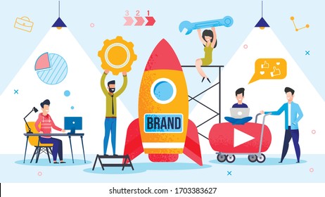 Brand Spaceship Rocket Launching. Successful Product Startup Process. People Marketer Team Using Branding Technology and Strategically Important Tool. Final Countdown. Metaphor Vector Illustration