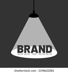 Brand is in the spotlight - brand awareness and brand recognition. Name of company is discovered and explored. Marketing, promo and advertising. Vector illustration.