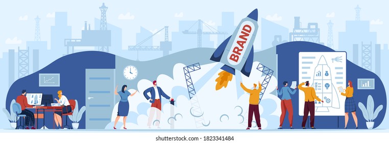 Brand startup business teamwork concept vector illustration. Cartoon flat businessman entrepreneur people team launching rocket, enterprise company managers planning idea branding strategy background