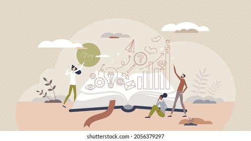 Brand Storytelling Marketing Communication Tiny Person Concept. Vector Illustration With Open Book And Company Workers Presenting Engaging Information About Personality And Identity Of The Company.