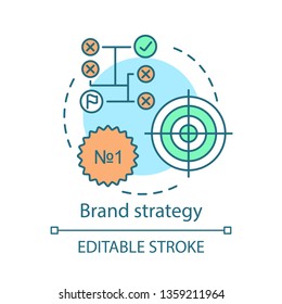 Brand Strategy Concept Icon. Brand Management Idea Thin Line Illustration. Strategy Analysis. Successful Brand Development Plan. Goal Achievement. Vector Isolated Outline Drawing. Editable Stroke 
