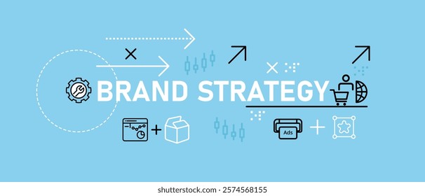 Brand Strategy concept showcasing product development social media promotion advertisement branding business marketing planning and design outline icon set