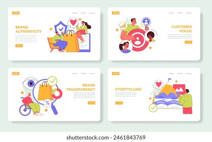Brand strategy set. Highlighting brand authenticity, customer focus, transparency, and storytelling. Engaging in building a trustworthy business. Vector illustration.
