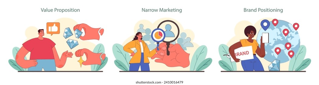 Brand strategy set. Showcasing value proposition, exploring narrow marketing focus, and strategic brand positioning. A toolkit for crafting niche market identity. Flat vector illustration.