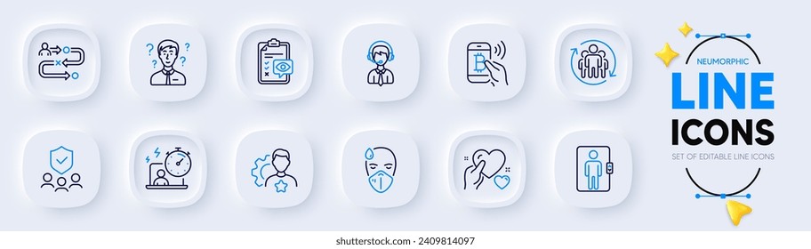 Brand, Support consultant and Timer line icons for web app. Pack of Elevator, Bitcoin pay, Sick man pictogram icons. Shipping support, Hold heart, Security agency signs. Teamwork. Vector