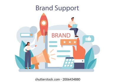 Brand support. Unique design of a company or product development and promotion. Brand recognition and identity building. Isolated flat vector illustration