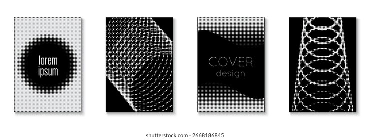 Brand Template Set. White Dots Cover. Modern Tech With Simple Shapes. Flat Invitation With Geometric Frame. Business White And Black  Flyer. Halftone Texture. Black Brand Template