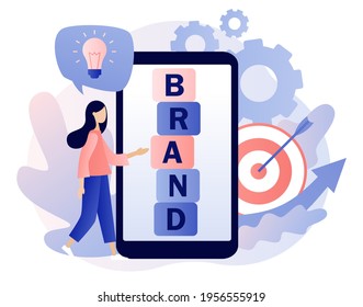 BRAND - Text auf Smartphone-Bildschirm. Winzige Frau, die an der Branding arbeitet. Unternehmensidentität. Unternehmensentwicklung. Eigenpositionierung, individuelle Markenstrategie. Moderner, flacher Cartoon-Stil. Vektorgrafik 