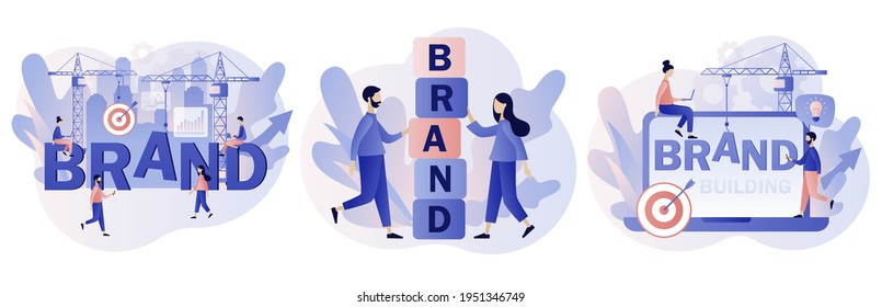 Brand. Tiny people building brand, working on branding. Corporate identity. Company development. Self-positioning, individual brand strategy. Modern flat cartoon style. Vector illustration 