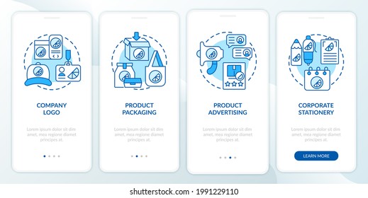 Brand touchpoints onboarding mobile app page screen with concepts. Logo, packaging walkthrough 4 steps graphic instructions. UI, UX, GUI vector template with linear color illustrations