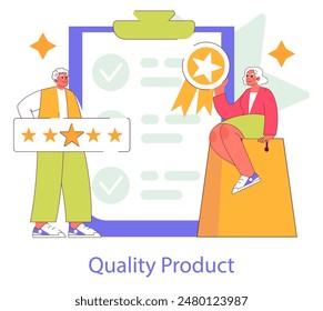 Brand Trust concept. Consumers evaluating product quality. Positive feedback with five-star rating and approval checkmarks. Satisfaction guarantee. Vector illustration.