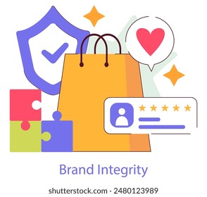 Brand Trust concept. Illustration portraying customer loyalty and high reputation through a shield, heart, shopping bag, puzzle pieces, and a five-star review. Vector illustration.