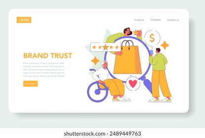 Brand Trust concept. Illustration of satisfied customers with a ratings star and shopping bag, reflecting positive consumer experience and loyalty. Vector illustration.