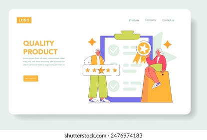 Brand Trust concept. Illustration showing a web page with two characters and trust symbols, conveying customer confidence. Five-star rating and seal of approval. Vector illustration.
