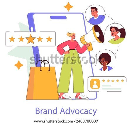 Brand trust concept. A satisfied customer with a megaphone influencing others through positive reviews and star ratings on a smartphone interface. Vector illustration.
