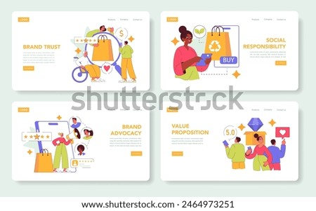 Brand trust set. Consumer loyalty and reputation management. Customer satisfaction, ethical shopping, and company advocacy. Vector illustration.