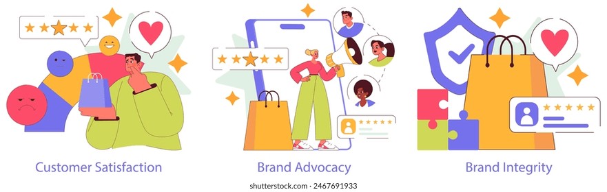 Brand Trust set. Exploring customer satisfaction, brand advocacy, and integrity. Emotive feedback, public endorsement, and loyalty illustration. Vector illustration.