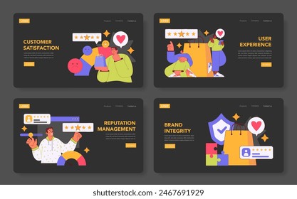 Brand Trust set. Illustrating customer satisfaction, user experience, reputation management, and brand integrity. Feedback, ratings, and trust signals in business. Vector illustration.