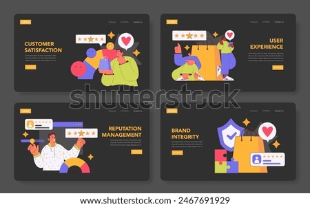 Brand Trust set. Illustrating customer satisfaction, user experience, reputation management, and brand integrity. Feedback, ratings, and trust signals in business. Vector illustration.