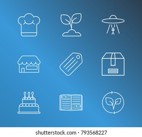 Brand and universal icon line set with cake, sustainable and delivery. Boutique related universal icon vector items for web UI logo design.