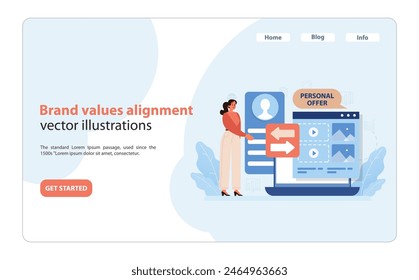Brand Values Alignment Illustration. A professional showcases tailored digital solutions, aligning with personalized brand values and customer-centric strategies. Flat vector illustration.