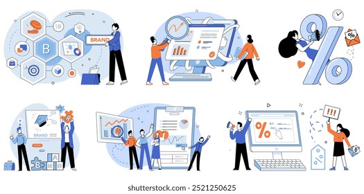 Ilustración vectorial de marca. Tendencia, actualidad, olas, cambios culturales, dando forma a la relevancia de las marcas Promoción, heraldo, trompetas, virtudes de la marca para cautivar a la audiencia Señales, pan rallado, guiar a los consumidores